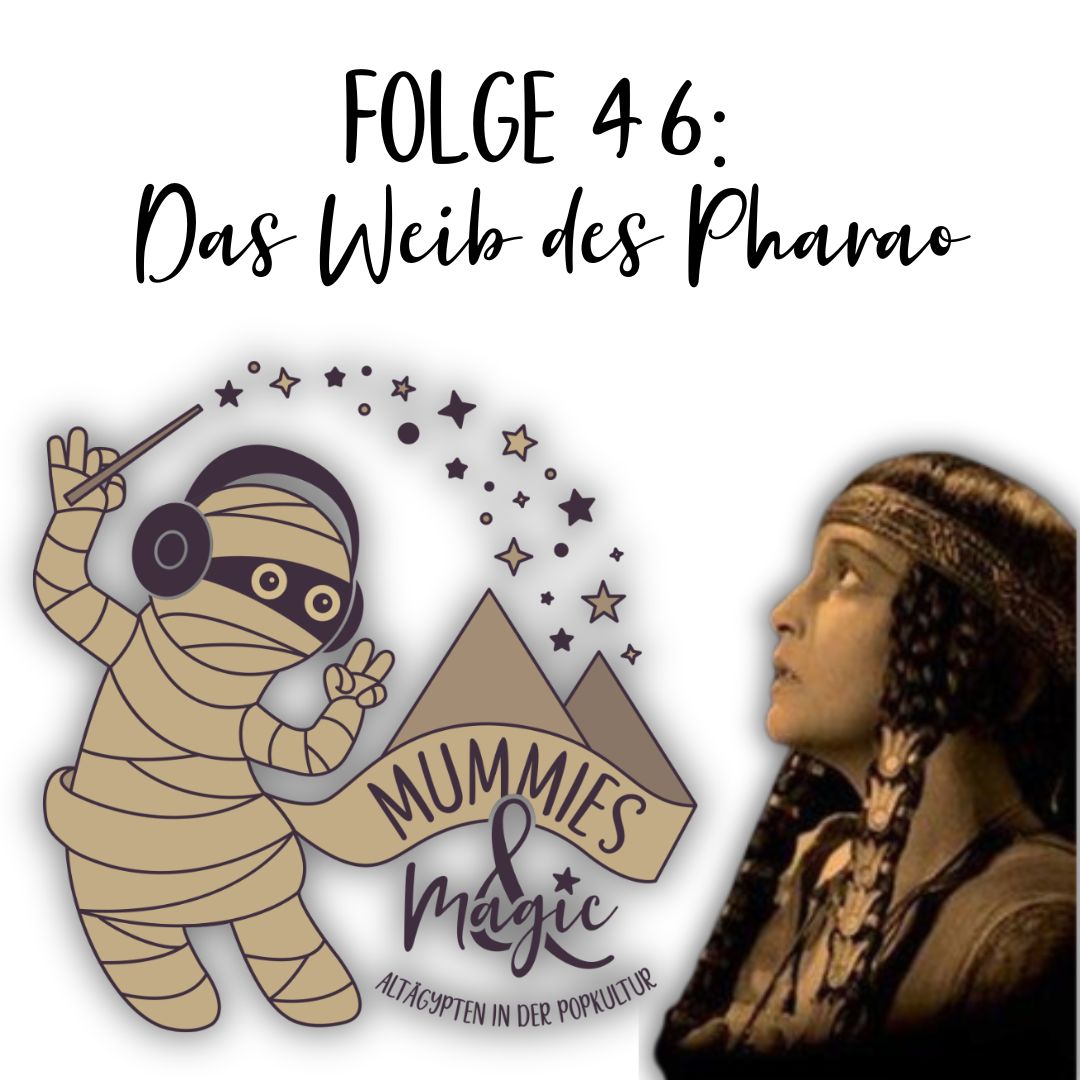 Titelbild Podcastfolge 46, Das Weib des Pharao Links das in Sepia eingefärbte Logo, rechts Thoeris als Königin